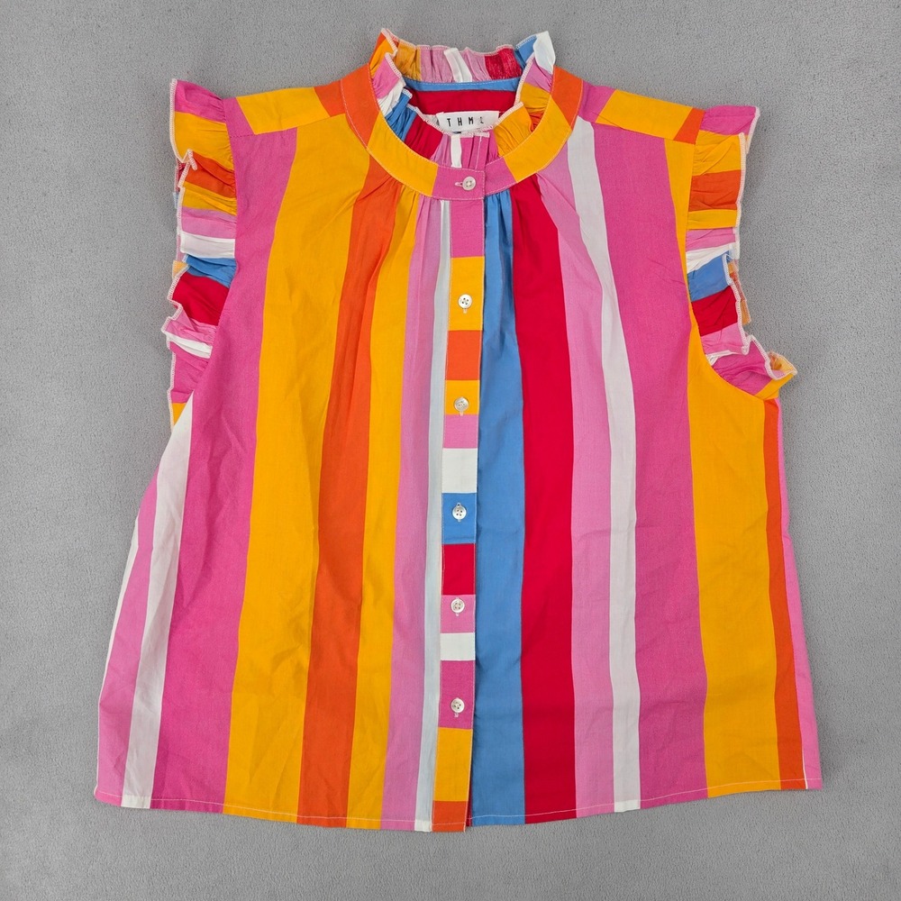 THML Colorful Confidence Stripe Top Medium NWT Cotton Ruffle Sleeve Button Front